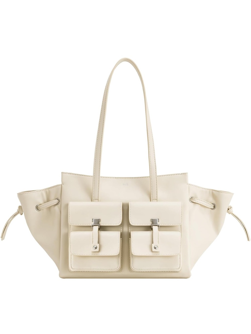 J. W. Pei Linda Cream Leather Tote Bag with Front Pocket Detail